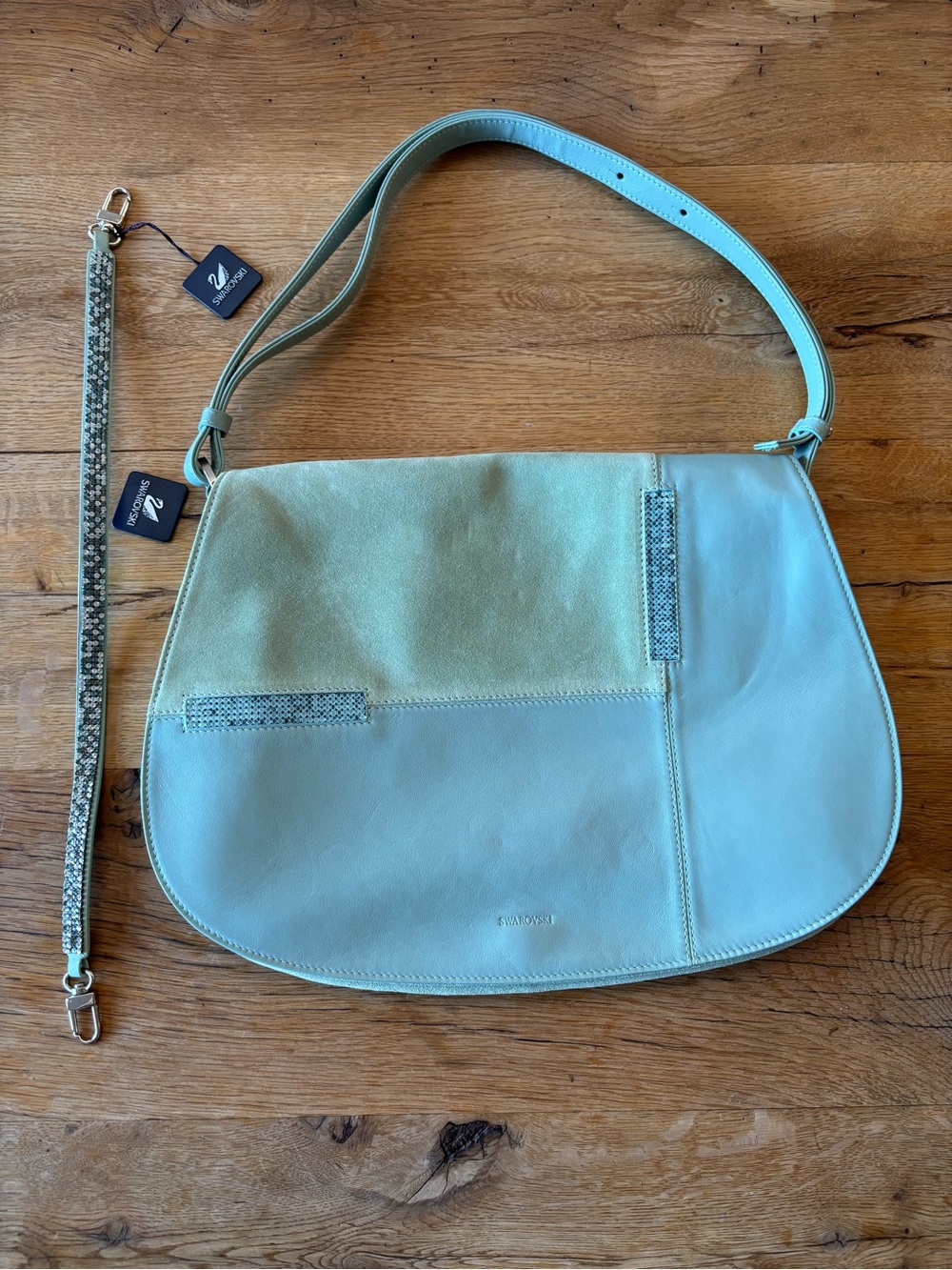 New Swarovski Leather and Suede Shoulder Crossbody Bag saddle flap magnetic snap